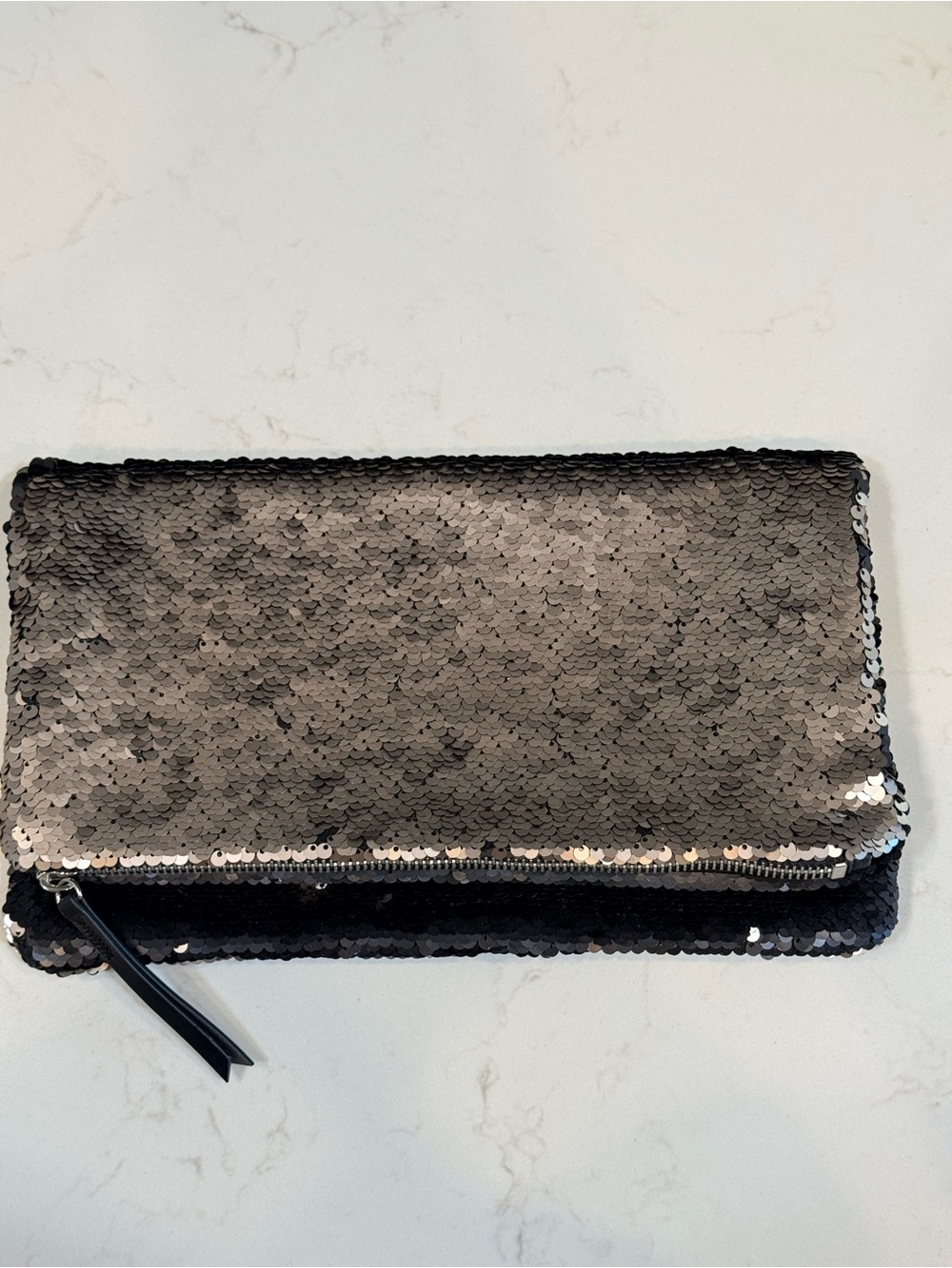 Stella & Dot Reversible Sequin Foldover Clutch Black Rose Gold